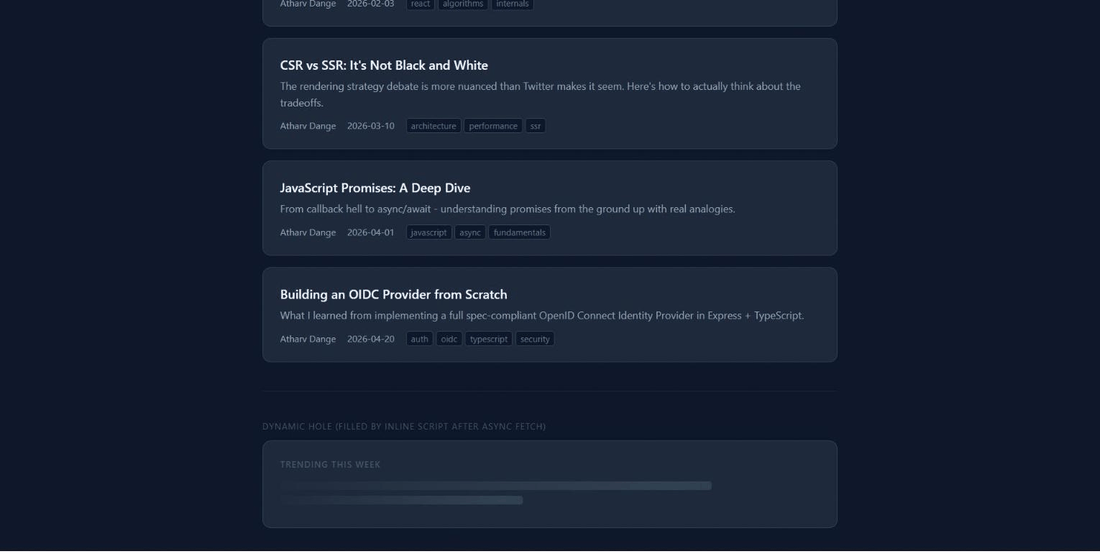 The PPR page while the dynamic hole shows a shimmer skeleton, then two seconds later with the trending widget filled in.